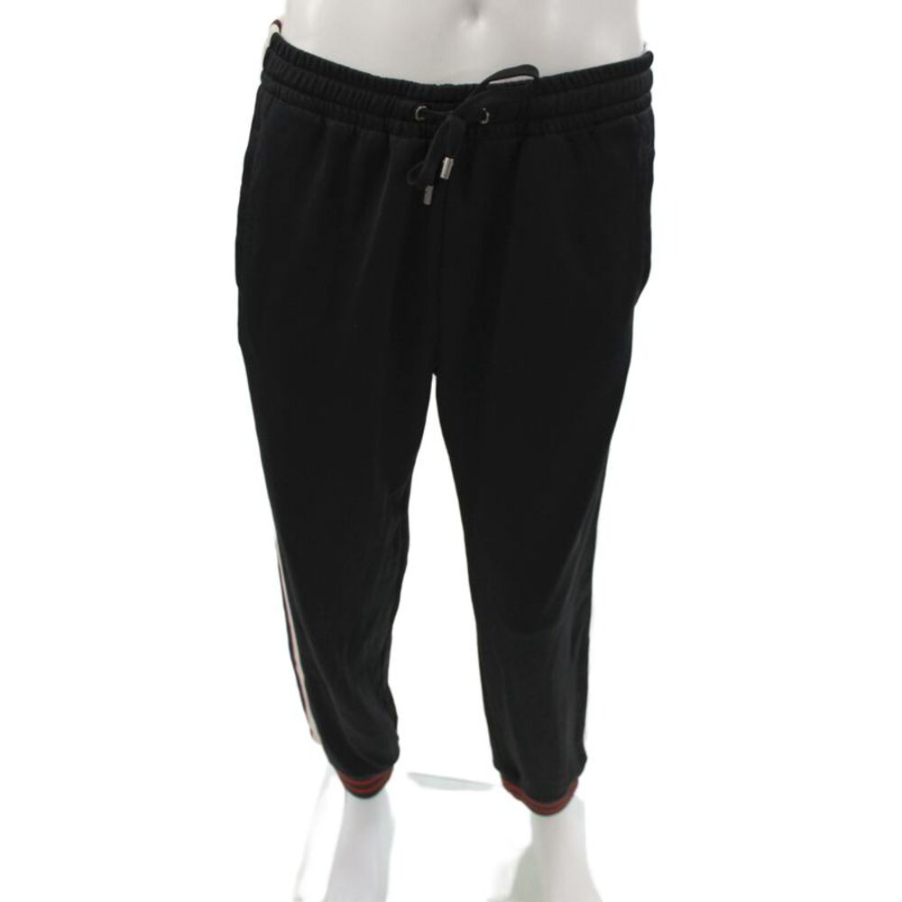 Gucci Men Black Striped Sweatpants Drawstring Cotton Polyester Size 26